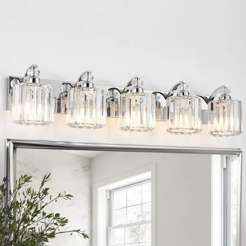 Vista 19 de Lámpara de baño de latón cepillado de 3 luces, luces de tocador doradas, iluminación moderna de cristal para tocador de baño, aplique de pared