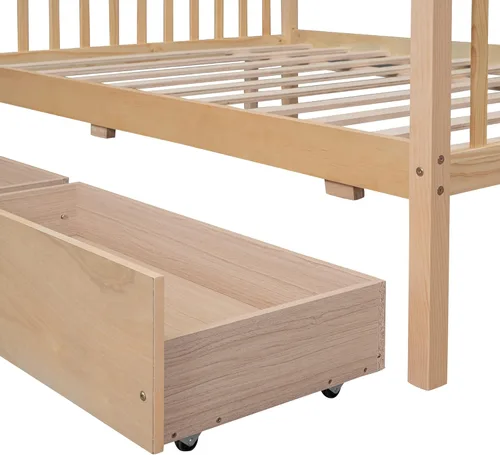 Vista 6 de Cama de casa de tamaño matrimonial para niños, marco de plataforma Montessori con 2 cajones, cabecera y estribo, almacenamiento de madera maciza
