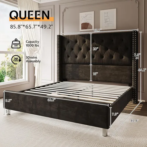 Vista 35 de Jocisland Base de cama tapizada de terciopelo tamaño King, con plataforma capitoné de perfil bajo, cabecera con alas elevadas, soporte de listones