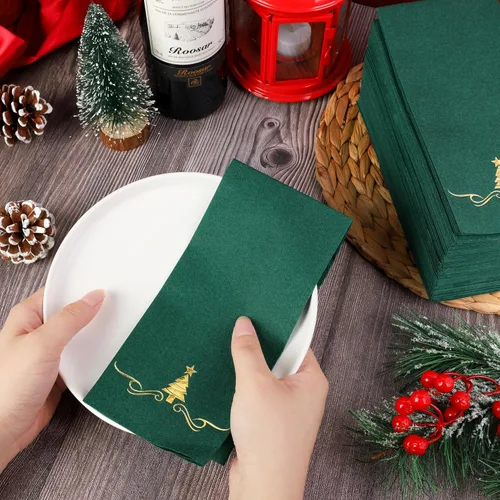 Vista 5 de Paquete de 100 Servilletas Desechables de Invitados de Navidad de 12 x 17 Pulgadas Servilletas de Árboles de Navidad con Papel Dorado Toallas