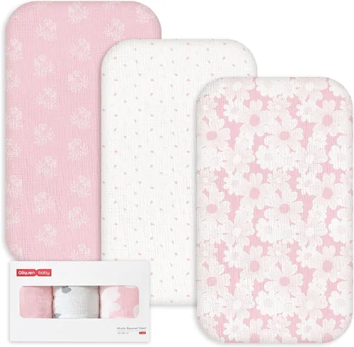 Vista 24 de Gllquen Baby Paquete de 3 sábanas de muselina para moisés, transpirables, elásticas, acogedoras, de algodón, para bebé, niño y niña, apta