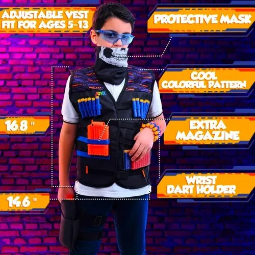 Vista 7 de JoyX Kit de chaleco táctico compatible con pistolas Nerf para niños, serie N-Elite con 40 dardos de espuma para pistola, equipo de acción protectora