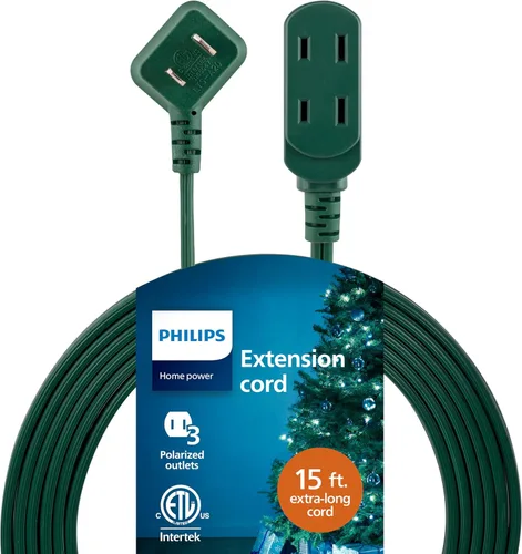 Cable de extensión Philips, 15 pies, enchufe plano de 3 tomas, enchufes múltiples de seguridad deslizantes, para interiores, 2 puntas, 1 paquete,
