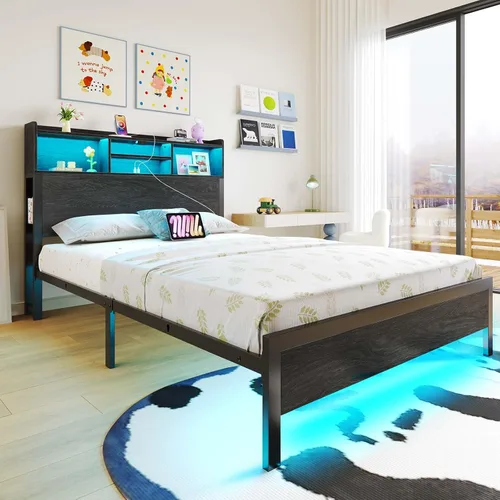 Vista 9 de Rolanstar Base de cama individual con cabecera de almacenamiento, plataforma de metal con estación de carga, cama individual LED con 4 cajones,