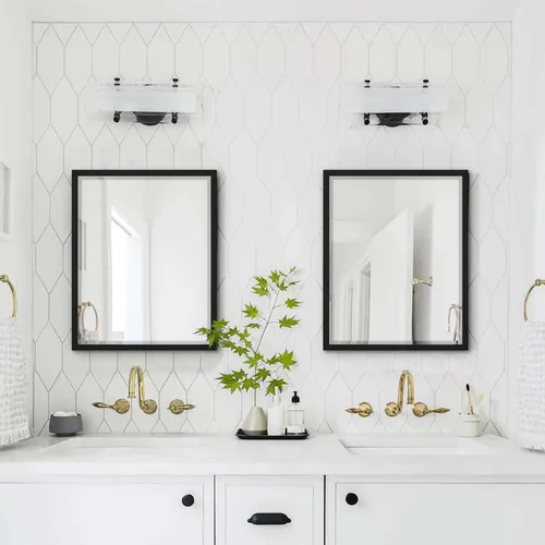 Vista 7 de Espejo de baño negro de 24 x 30 pulgadas, espejo rectangular de tocador con marco de metal, espejo decorativo rectangular montado en la pared