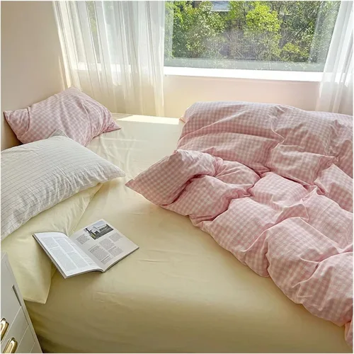 Vista 2 de ADovz Juego de ropa de cama de algodón rosa, tamaño Queen, matrimonial, tamaño doble, sábana bajera ajustable, funda de edredón para el hogar, ropa