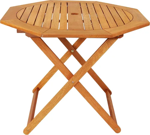 Sunnydaze Meranti - Mesa plegable de madera para exteriores con agujero para sombrilla - Mesa de patio plegable para comedor y reuniones - Acabado