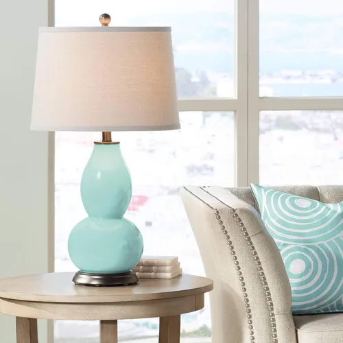 Vista 14 de Color + Plus Double Gourd 28 3/4" Tall Modern End Table Lamp Placid Blue Bronze Finish Glass Single Fabric Off-White Shade Living Room Bedroom