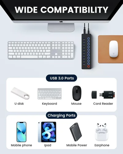 Vista 6 de Concentrador USB, concentrador USB alimentado, divisor de concentrador de 11 puertos, 10 puertos USB 3.0 de transferencia de datos + 1 puerto