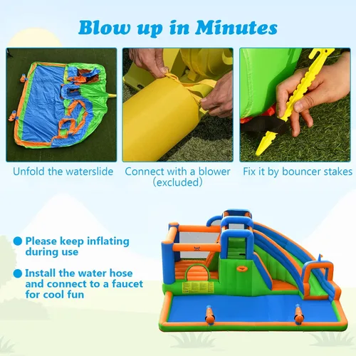 Vista 10 de BOUNTECH - Castillo inflable 9 en 1, tobogán de agua con zona de salto, pared de escalada, cañón de agua, piscina de salpicaduras, túnel, incluye