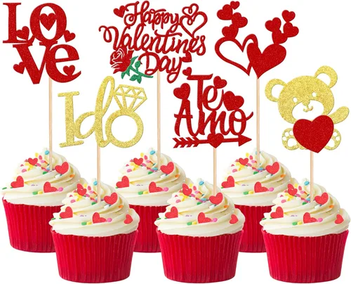 Vista 8 de 24 piezas de decoración para cupcakes para el día de San Valentín, diseño de oso de corazón con purpurina rosa "I Do I Do Cupcake Picks Be Mine