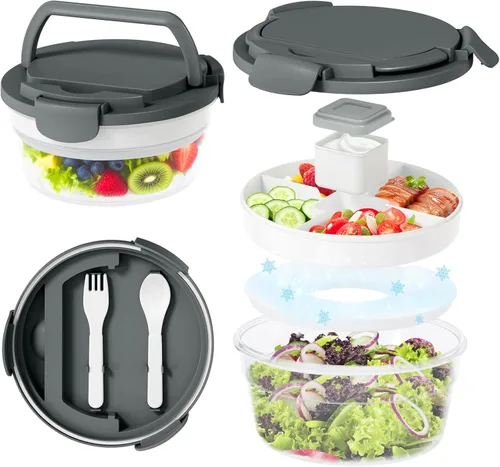 JSLOVE Contenedor de Ensalada para el Almuerzo de 58oz, Caja Bento para Adultos con 4 Compartimentos, a Prueba de Fugas, Tazón Bento Grande sin BPA