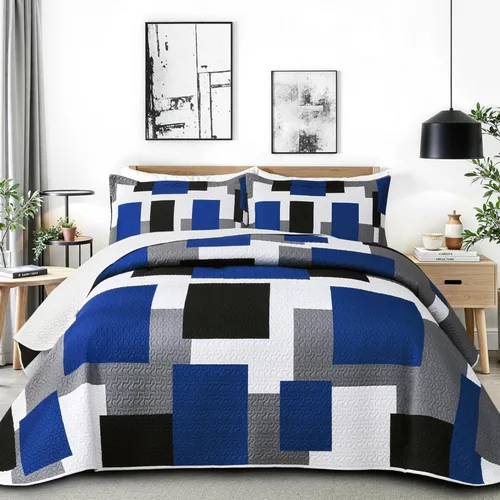 Tyrot Juego de edredón de 2 piezas, color azul, blanco y gris, tamaño individual, juego de ropa de cama reversible geométrico negro y blanco, colcha