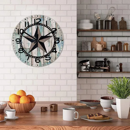 Vista 4 de Reloj de pared redondo de 12 pulgadas, con estrella del oeste de Texas, reloj de pared decorativo, reloj de madera retro, sin tictac, funciona