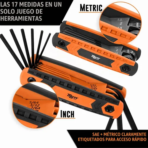Vista 4 de Mutt Tools - Juego de llaves Allen plegables de 17 piezas, juego de llaves hexagonales SAE y métricas con codificación de colores, herramienta