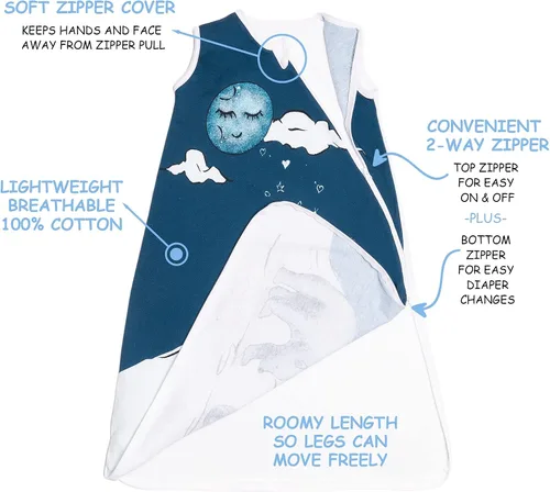 Vista 4 de JumpOff Jo - Saco de dormir para bebé de diseño prémium - Manta 100% algodón, fácil cambio de pañales, saco sin mangas para envolver - Sirena luz