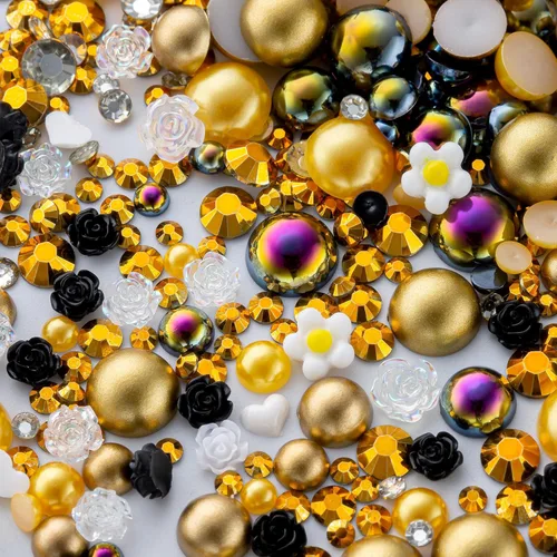 Vista 9 de 60g Perlas de Plata Gris y Diamantes de Imitación para Manualidades Tamaño Mixto 3mm-10mm Color AB Perlas Redondas Mitad Planas y Diamantes