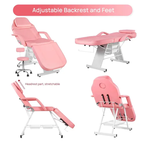 Vista 5 de Silla facial para tatuaje, cama de masaje ajustable de 73 pulgadas para artista con taburete, cama facial para cliente, sillas de spa multiusos