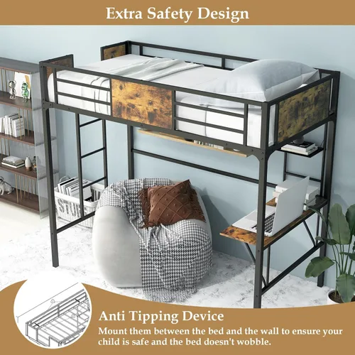 Vista 5 de Giantex Cama alta de metal tamaño individual con escritorio y estante de almacenamiento, marco de cama alta resistente con escalera integrada