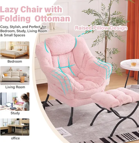 Vista 102 de Silla Lazy con otomana, silla moderna con reposapiés plegable, silla de acento de salón, cómoda silla de lectura para dormitorio, estudio, sala