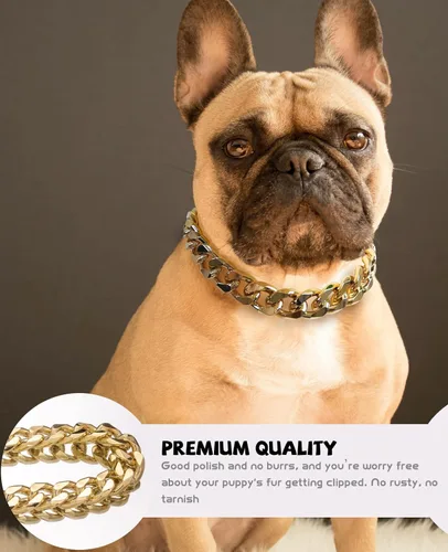 Vista 5 de Collar de perro de cadena dorada – Collar de perro de eslabones cubanos de metal de 7/8 pulgadas de ancho con cinturón de cuero, ligero protege