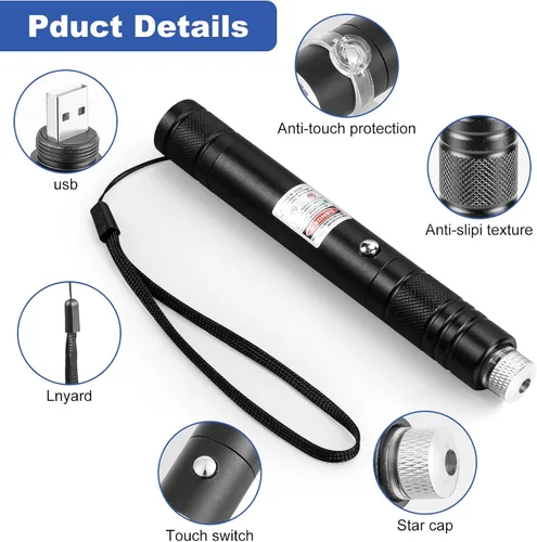 Vista 6 de Puntero láser verde de alta potencia, haz láser recargable de largo alcance, carga USB, para senderismo, presentaciones y uso al aire libre