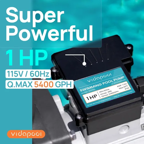 Vista 2 de Bomba de piscina para dentro/sobre el suelo, autocebante de alto flujo (velocidad única, 1HP, 5400 GPH, 115V)