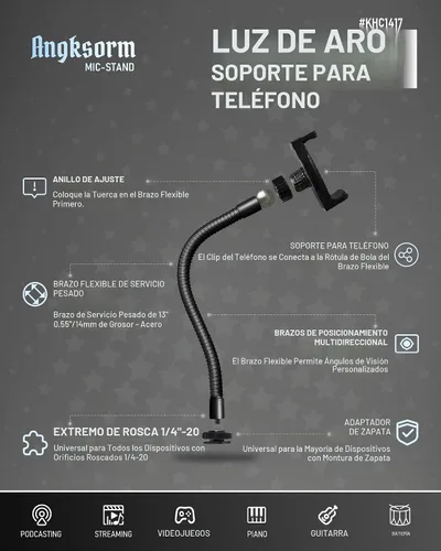 Vista 2 de KHC1417 Soporte de teléfono para anillo de luz, cuello de cisne de 9