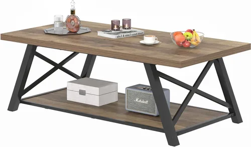 Vista 8 de EXCEFUR Mesa de centro moderna, mesa central rectangular para sala de estar con estante de almacenamiento, mesa de té de cóctel industrial de madera