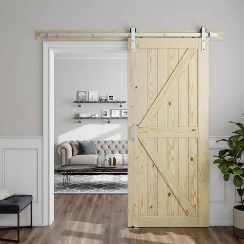 Vista 15 de SMARTSTANDARD Puerta corrediza de granero de 24 x 84 pulgadas con kit de herrajes y mango de níquel cepillado de 5 pies, se requiere un montaje