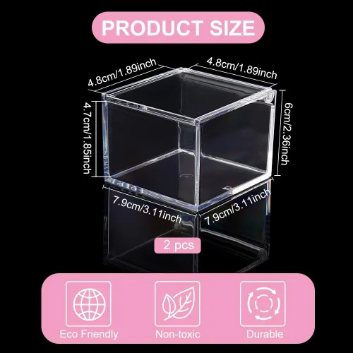 Vista 2 de BENECREAT Caja de acrílico con tapa, 2 unidades, 3 x 3 x 2.3 pulgadas, cajas de almacenamiento de cubos transparentes, contenedores organizadores