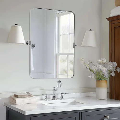 Vista 15 de Espejo giratorio Moon Mirror de oro cepillado, espejo inclinable de latón para tocador rectangular para baño, medidas totales 24.33 x 28 pulgadas