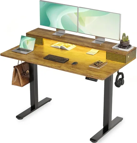 Vista 21 de Claiks Escritorio de pie con cajones, escritorio eléctrico ajustable de pie pequeño, altura ajustable con estante de almacenamiento y tablero