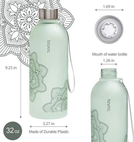 Vista 2 de bzyoo Botella de agua con marcador de tiempo de 32 onzas 1 litro sin BPA plástico duradero esmerilado con correa botella de agua reutilizable
