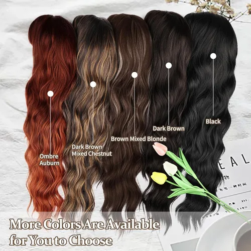 Vista 5 de NAYOO Pelucas marrones con flequillo para mujer, pelucas de cabello largo y ondulado, resistentes al calor, pelucas de fibra sintética para uso