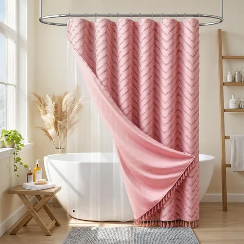 Vista 41 de Dynamene - Cortina de ducha de tela bohemia con rayas con chebrón en relieve, juego de cortina angosta para baño, media cortina impermeable