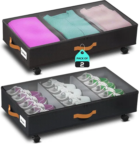 Almacenamiento debajo de la cama con ruedas, paquete de 2 (36L cada uno), organizador de almacenamiento de perfil bajo con ventana transparente,