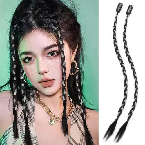 Vista 3 de NICENEEDED 6 PCS Clip in Braid Hair Extensions, 18 Inch Braids Front Side Bang Curtain Bang Hair Extensions, Long Hair Piece Natural Soft Synthetic