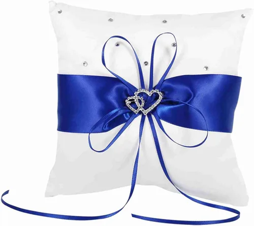 Tyenaza Almohada portadora de anillo, almohada de anillo de boda de 7.8 pulgadas, soporte para anillo azul real, cojín de doble corazón para