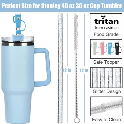 Vista 2 de ALINK Paquete de 4 popotes de repuesto con purpurina y cubiertas para popotes Stanley de 40 onzas y 30 onzas, popotes transparentes de plástico