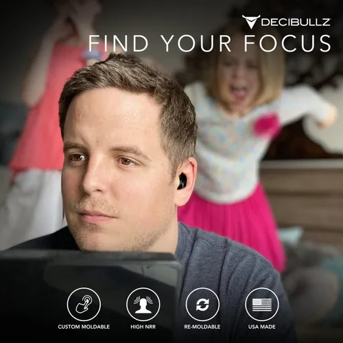 Vista 5 de Decibullz Tapones para los oídos con reducción de ruido de 25 decibelios para protección auditiva, tapones para los oídos reutilizables moldeados a