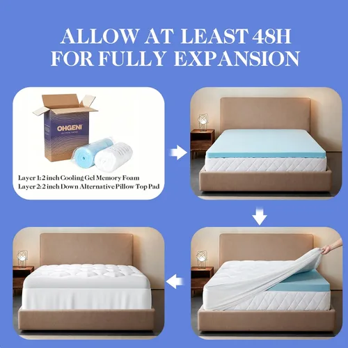 Vista 9 de OhGeni Cubrecolchón de doble capa de 4 pulgadas, espuma viscoelástica de gel y almohadilla superior suave de 2 pulgadas, funda de colchón, sueño
