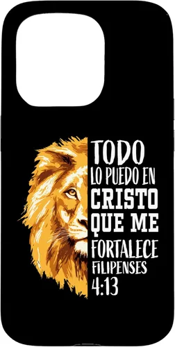 Vista 14 de iPhone 16 Filipenses 4:13 - Funda gráfica de león con versículo bíblico cristiano en español