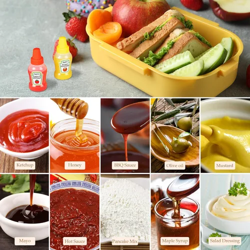 Vista 5 de 4 mini botellas de salsa de tomate para lonchera, recipientes de aderezo de ensalada de 0.8 fl oz, botellas pequeñas para condimentos para salsa