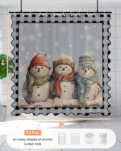 Vista 6 de Scalloped Shower Curtain for Bathroom 36"x72" Christmas Cartoon Snowman Black Plaid Waterproof Wave Bathroom Shower Curtain Sets with Hooks Bath