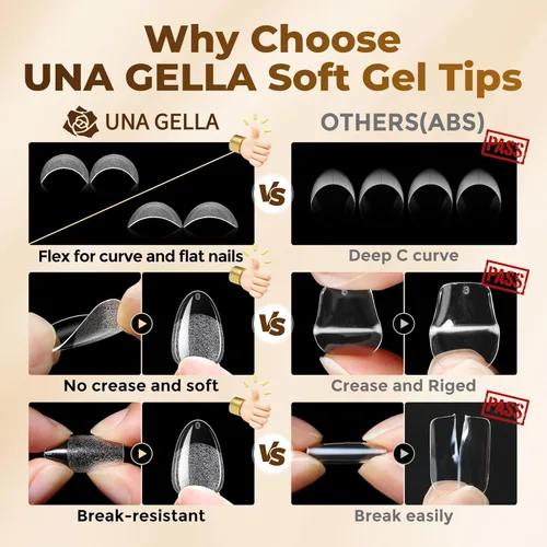 Vista 5 de UNA GELLA Uñas postizas cortas ovaladas de almendra, 504 unidades, uñas postizas a presión, preformadas, puntas de uñas de gel redondas de almendra
