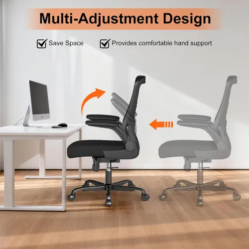Vista 5 de Silla de oficina ergonómica: cómoda silla de escritorio de malla con reposabrazos abatibles y ruedas silenciosas, silla de computadora de altura