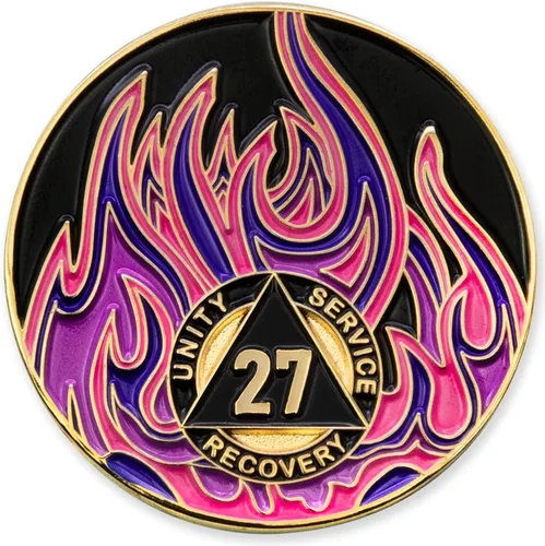 Vista 67 de Medallón de recuperación AA chapado en oro de 1 año Twisted Flames - Negro/Rojo/Naranja/Amarillo