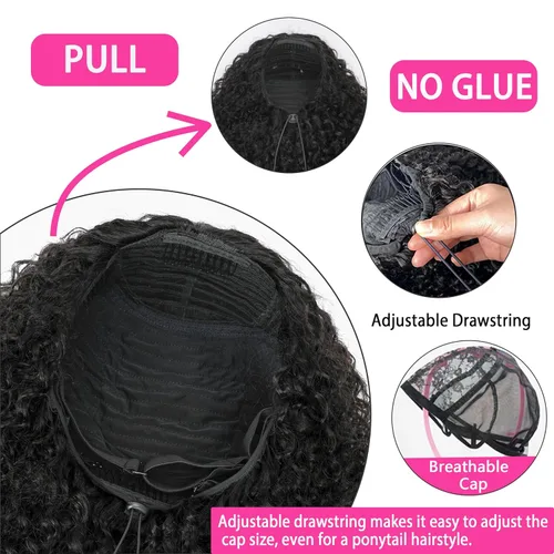 Vista 5 de Curly Half Wig Human Hair - 180% Density 3 in 1 Seamless Flip over Half Wig 14 Inch Glueless Wear Go Beginner Friendly Kinky Curly Wig Drawstring