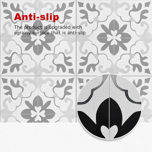 Vista 8 de HOMETITUTE 10 piezas 30x30 cm Negro Blanco Vintage Floral Texturizado Piso Plano Adhesivo de Suelo Desmontable Autoadhesivo DIY Vinilo Adhesivos